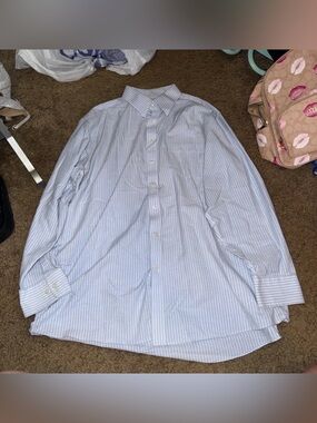 Stafford Blue and White Stripe Casual Button-Down Shirt